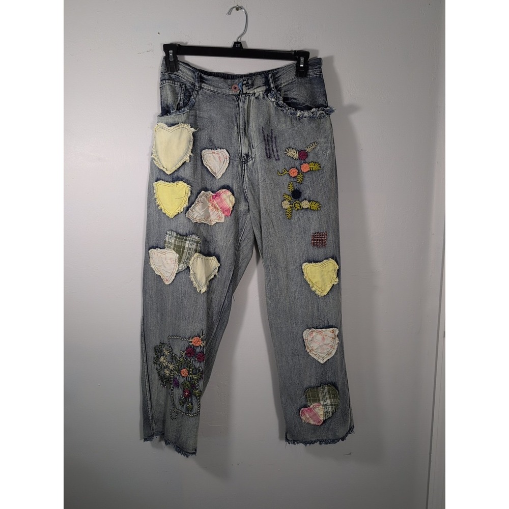 Blue Velvet Baggy Distressed Patchwork Boho Hippie Festival Jeans Large